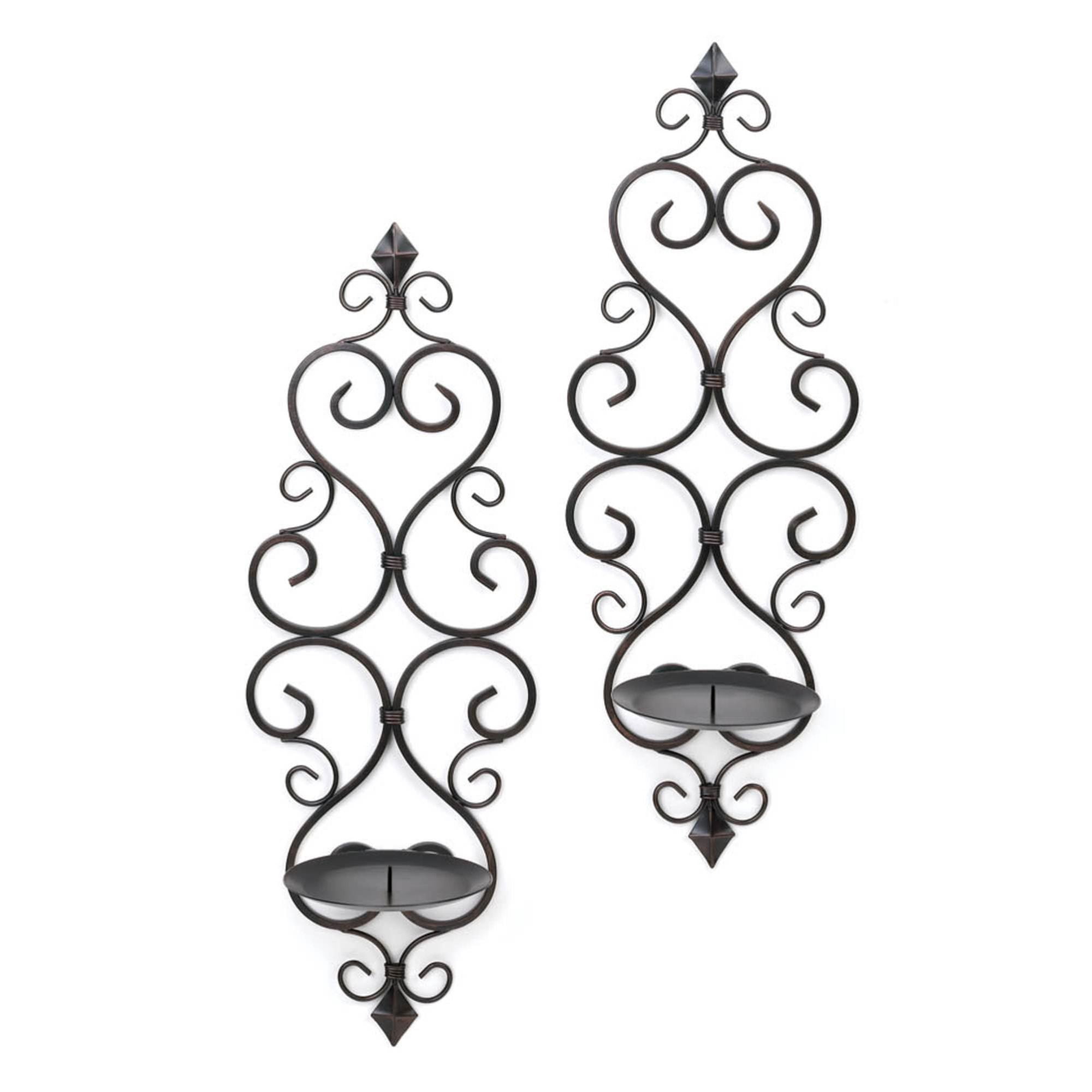 Set of 2 Black Iron Fleur-De-Lis Candle Wall Sconces