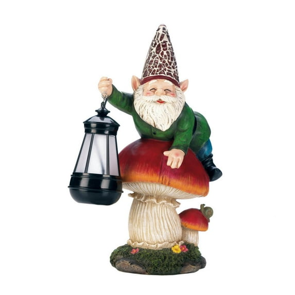 Zingz & Thingz Gnome on Mushroom Solar Powered Outdoor Statue - 13" - Brown and Green
