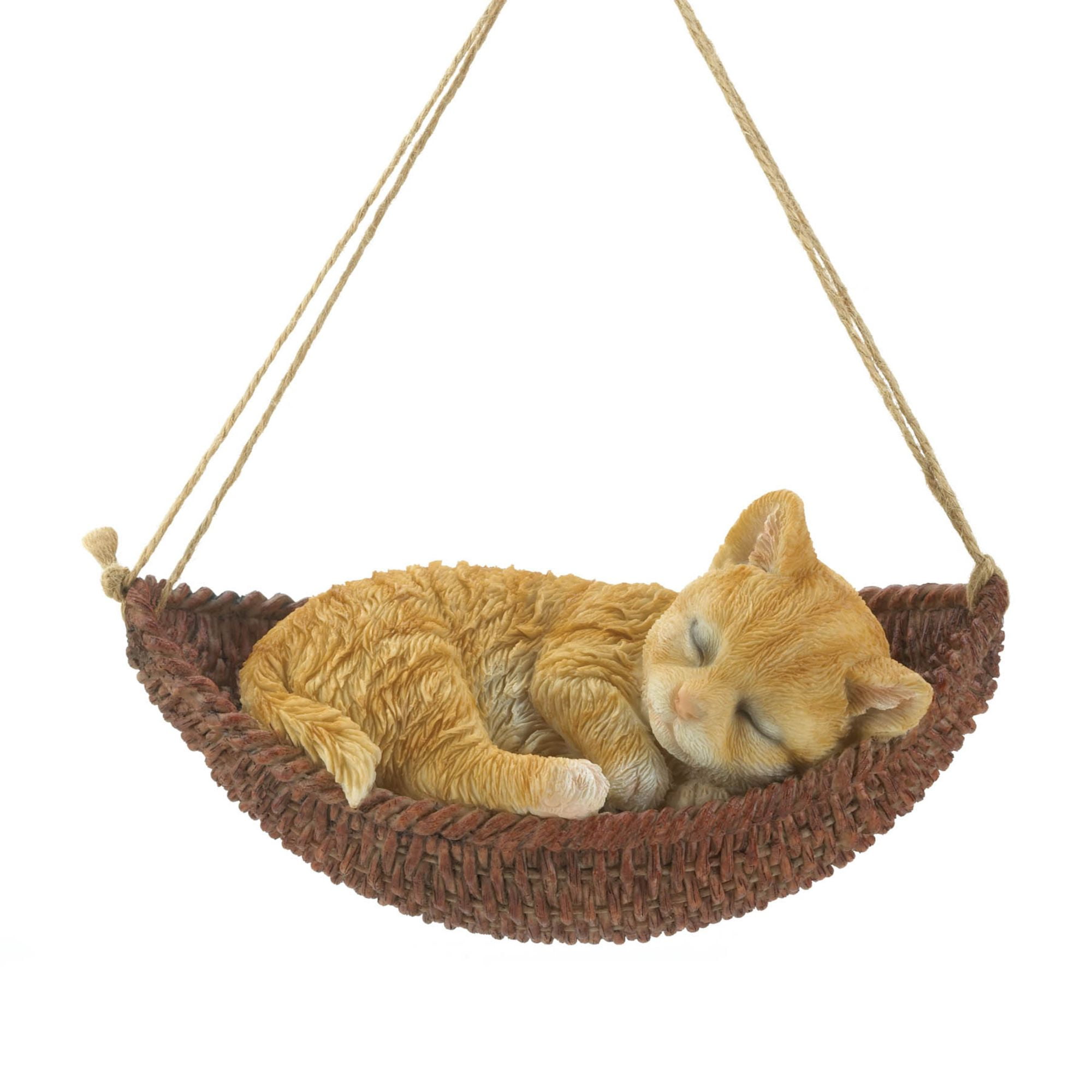 9.25" Brown Resin Napping Cat in Hammock Figurine