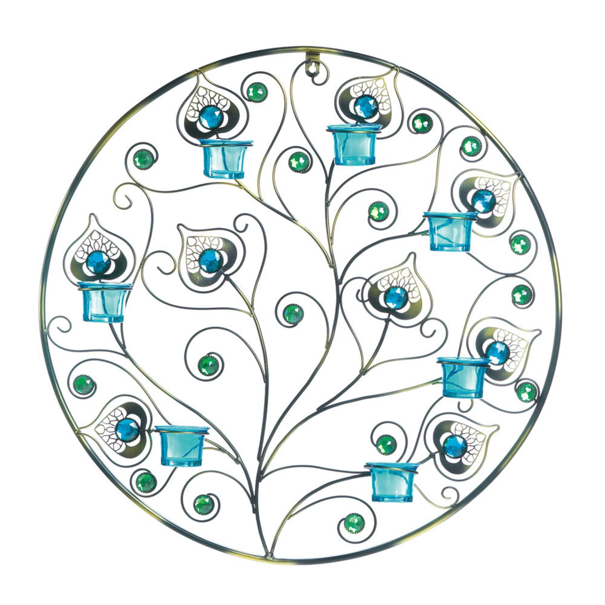 Peacock Plumes Circular Metal and Glass Candle Wall Sconce 23"