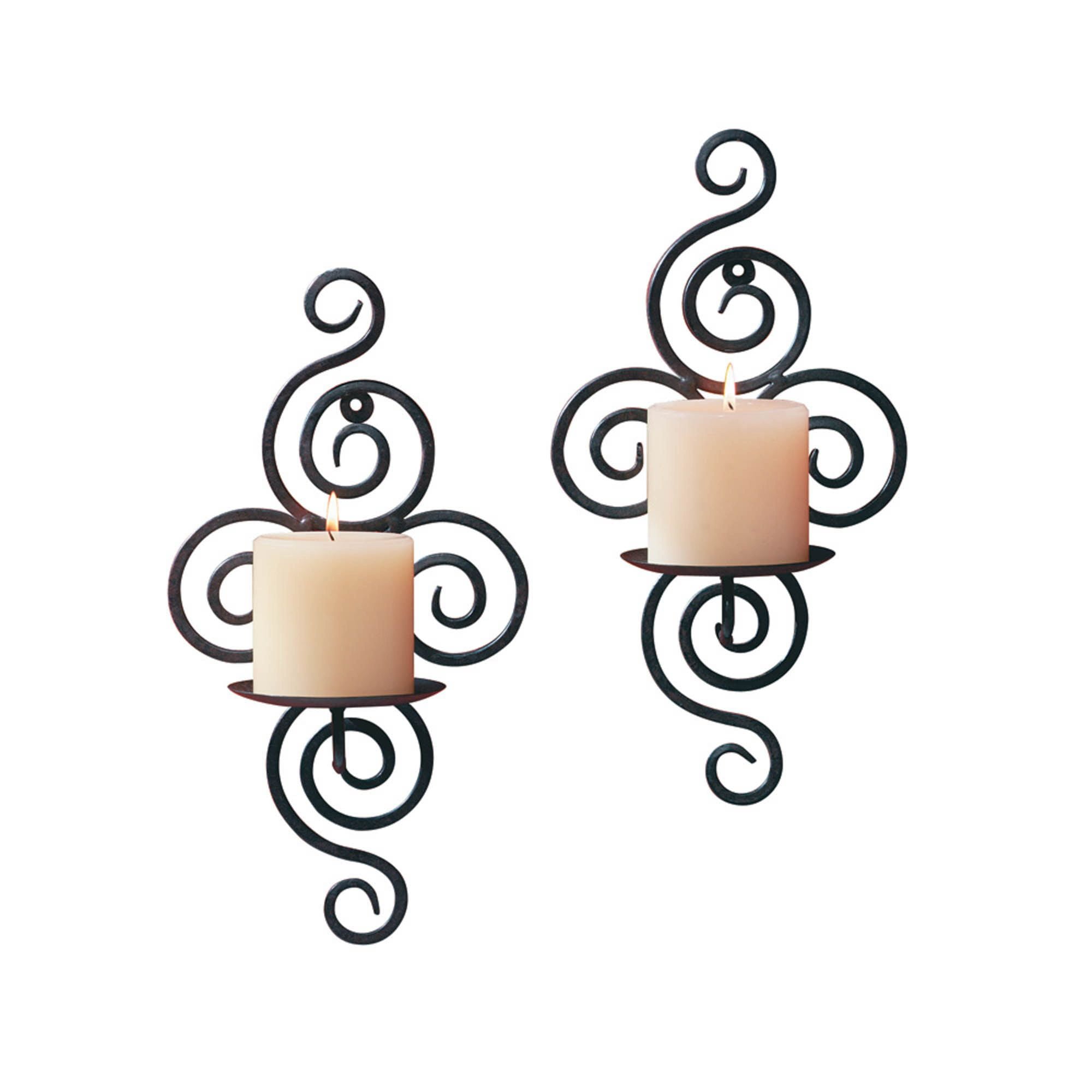 Black Wrought Iron Scrollwork Candle Wall Sconce Set