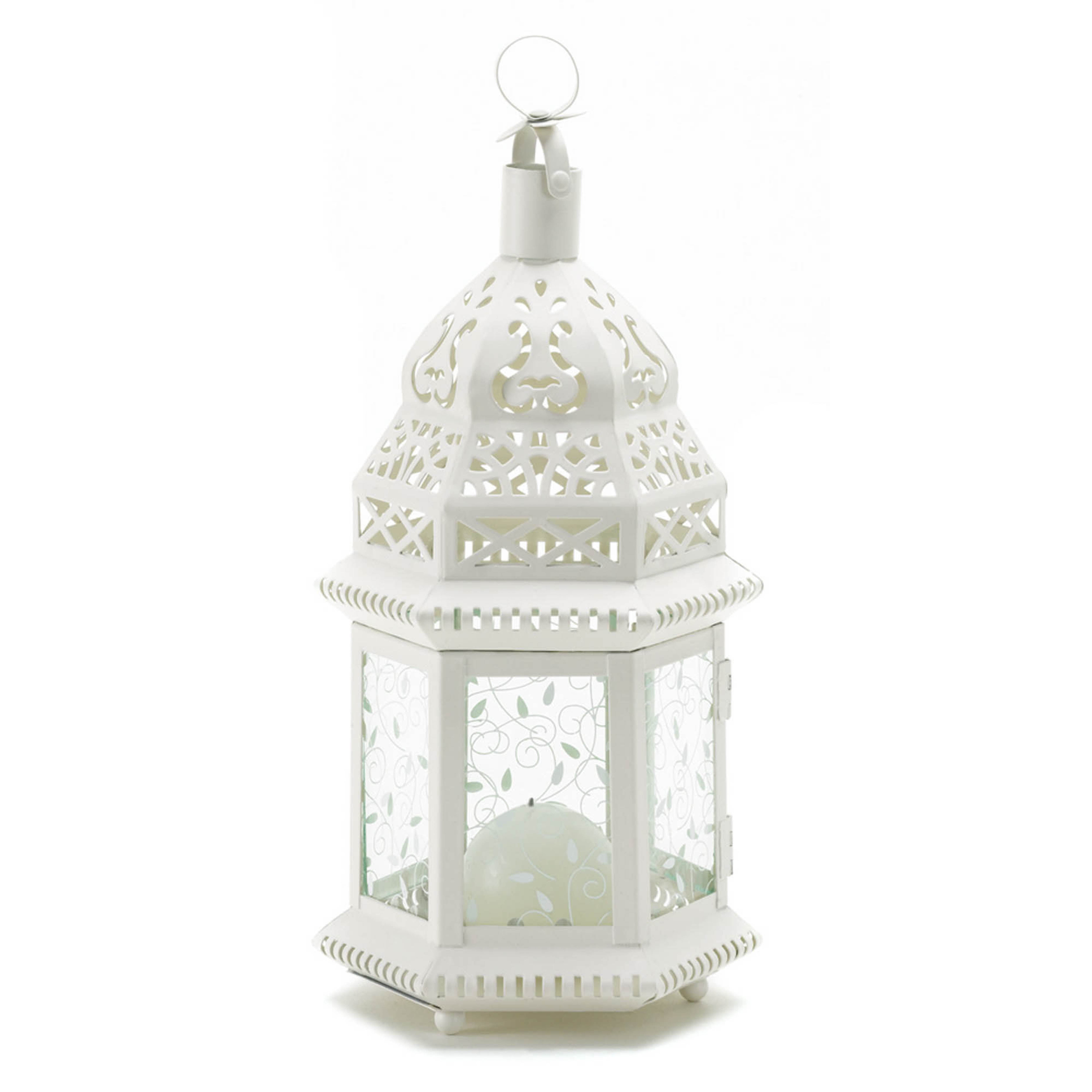 White Moroccan Style Hanging Candle Lantern with Etched Glass