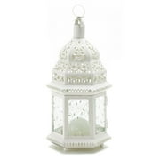 Zingz & Thingz White Metal Moroccan Style Hanging Candle Lantern with Etched Floral Glass 12" Tall