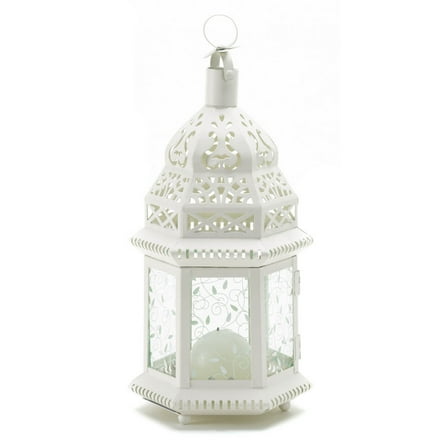 Zingz & Thingz White Metal Moroccan Style Hanging Candle Lantern with Etched Floral Glass 12" Tall