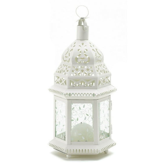 Zingz & Thingz White Metal Moroccan Style Hanging Candle Lantern with Etched Floral Glass 12" Tall