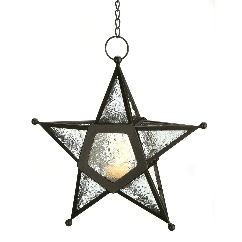Clear Glass Star Hanging Lantern with Black Iron Frame
