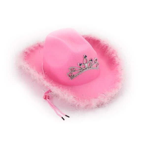 Zink Pink Cowgirl Hat with Tiara, Adjustable Chin Strap, and Feather Trimming