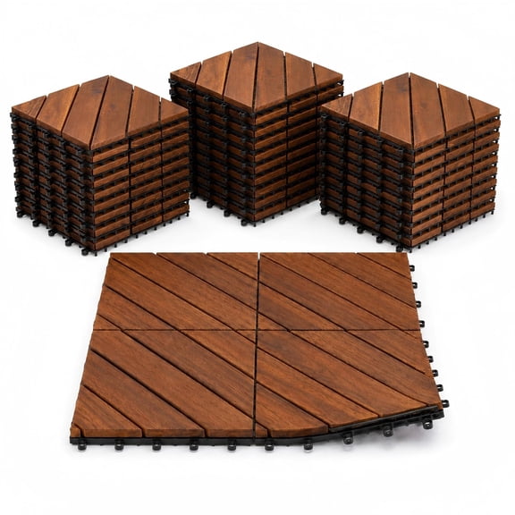 Zinkitool 27 Pcs 12" x 12" Interlocking Deck Tiles Diagonal Pattern, Acacia Wood Tiles For Patio, Waterproof, All-Weather, Outdoor Decking For Garden, Pool, Balcony