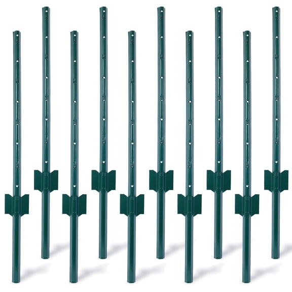 Zinkitool 3-Foot Green Heavy-Duty Steel U-Channel Fence Posts, 10-Pack for Garden Wire Fencing