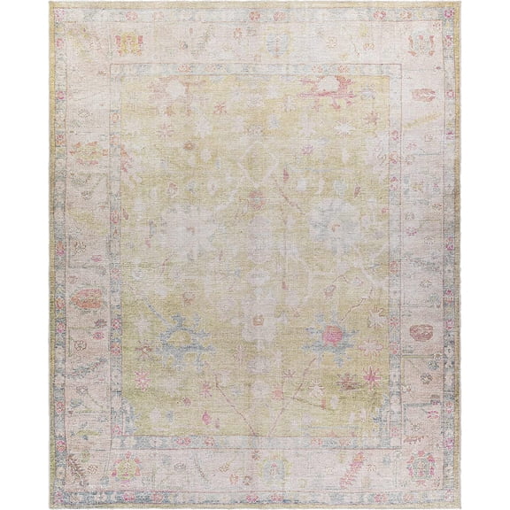 Zinnia Vintage Distressed Faded Area Rug - Oriental Bohemian Turkish Floral Carpet - Machine Washable Rug - Stain Resistant - Pet Friendly - Pink, Green, Blue - 5'3" x 7' (5x7)