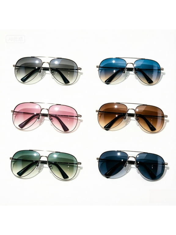 6 Pack Aviator Fashion Sunglasses for Men Women, Classic Metal Frame Shades, Assorted Gradient Lens Colors for Beach Travel Party