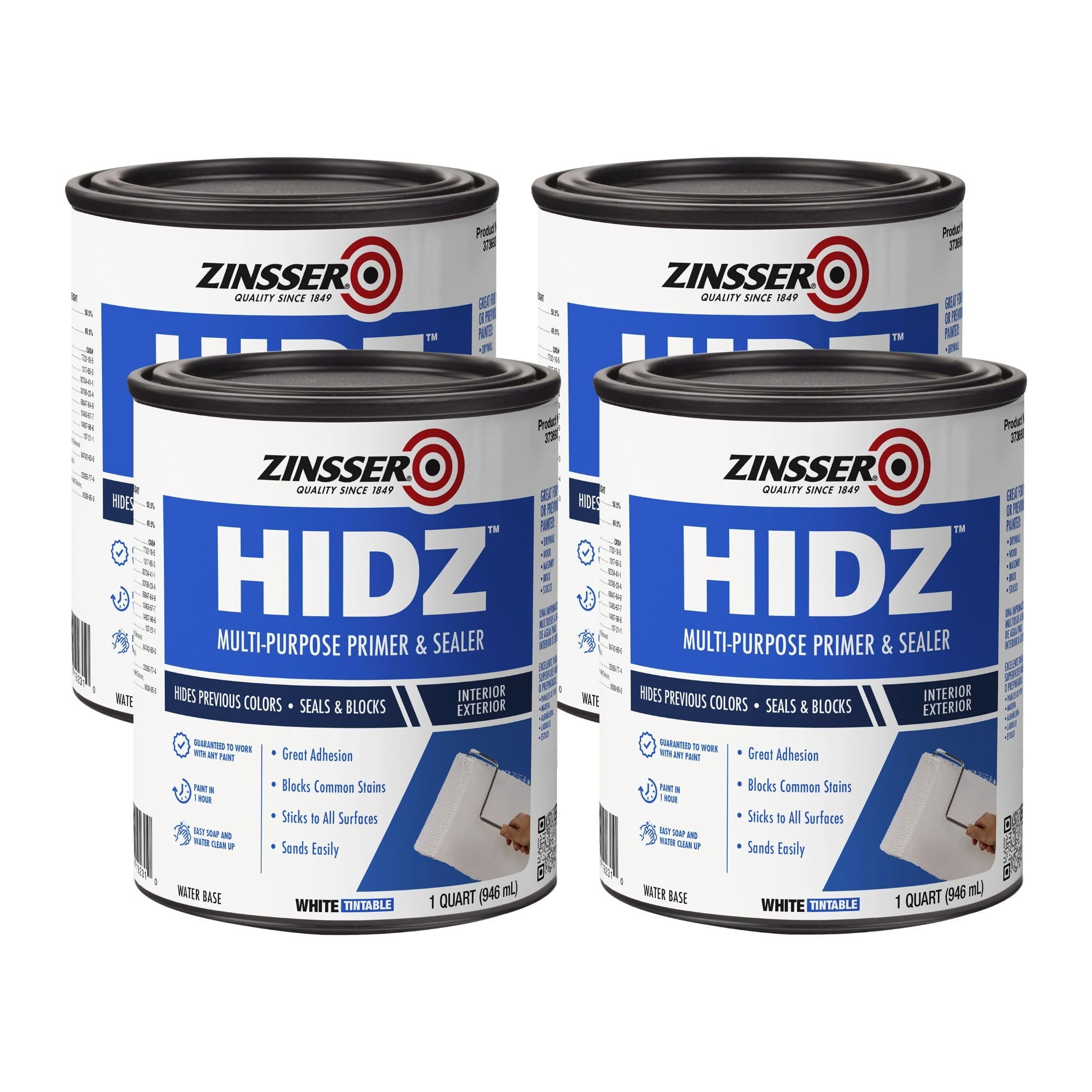 Zinsser 373693-4PK HIDZ Multi-Purpose Primer and Sealer, Quart, Flat White, 4 Pack