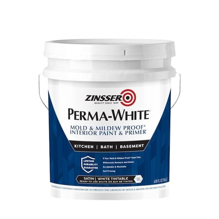Zinsser Interior Paint, Satin, Latex Base, White, 5 gal 02700