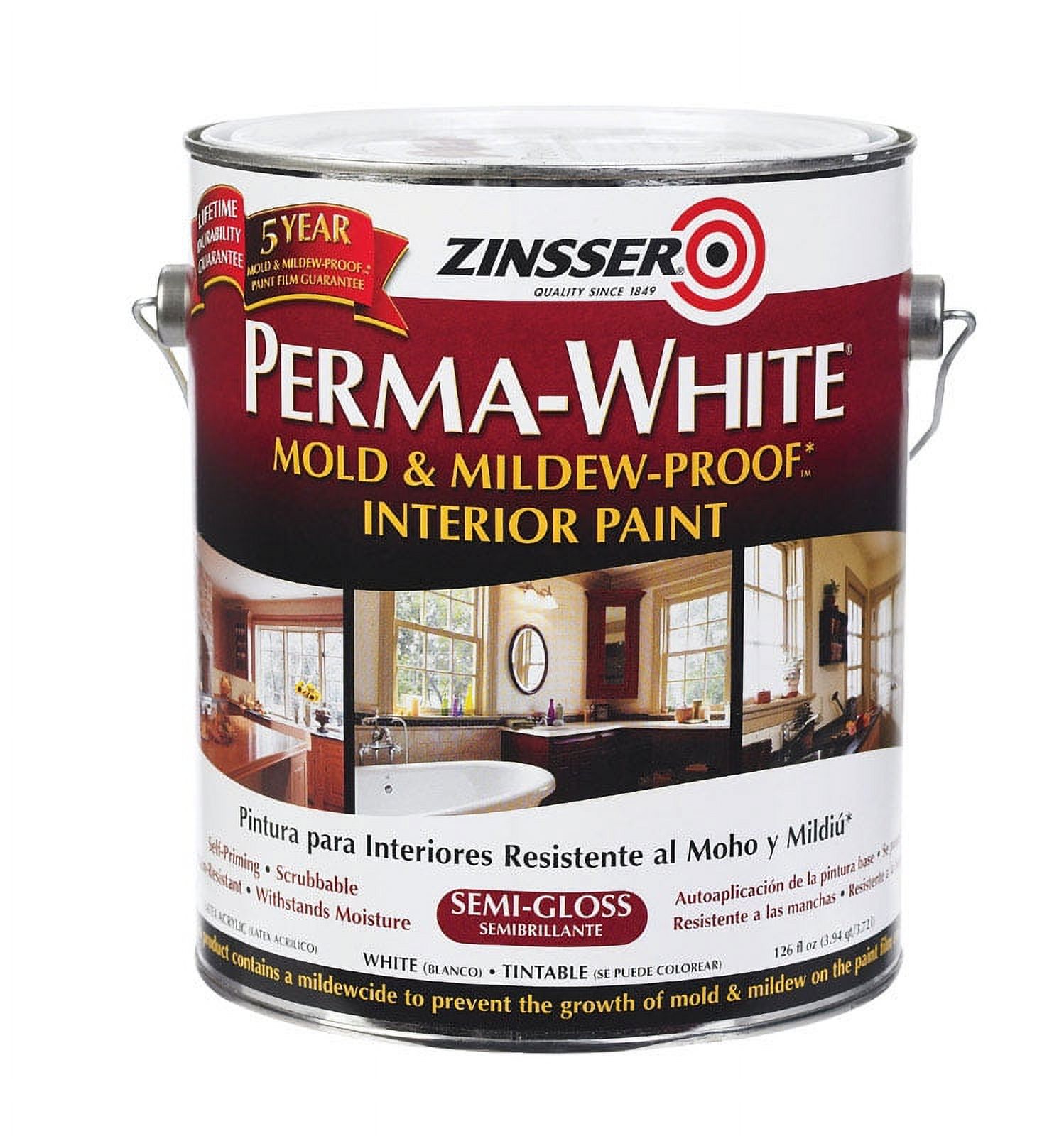 Zinsser PermaWhite SemiGloss White WaterBased Mold and MildewProof Paint Interior 1 gal