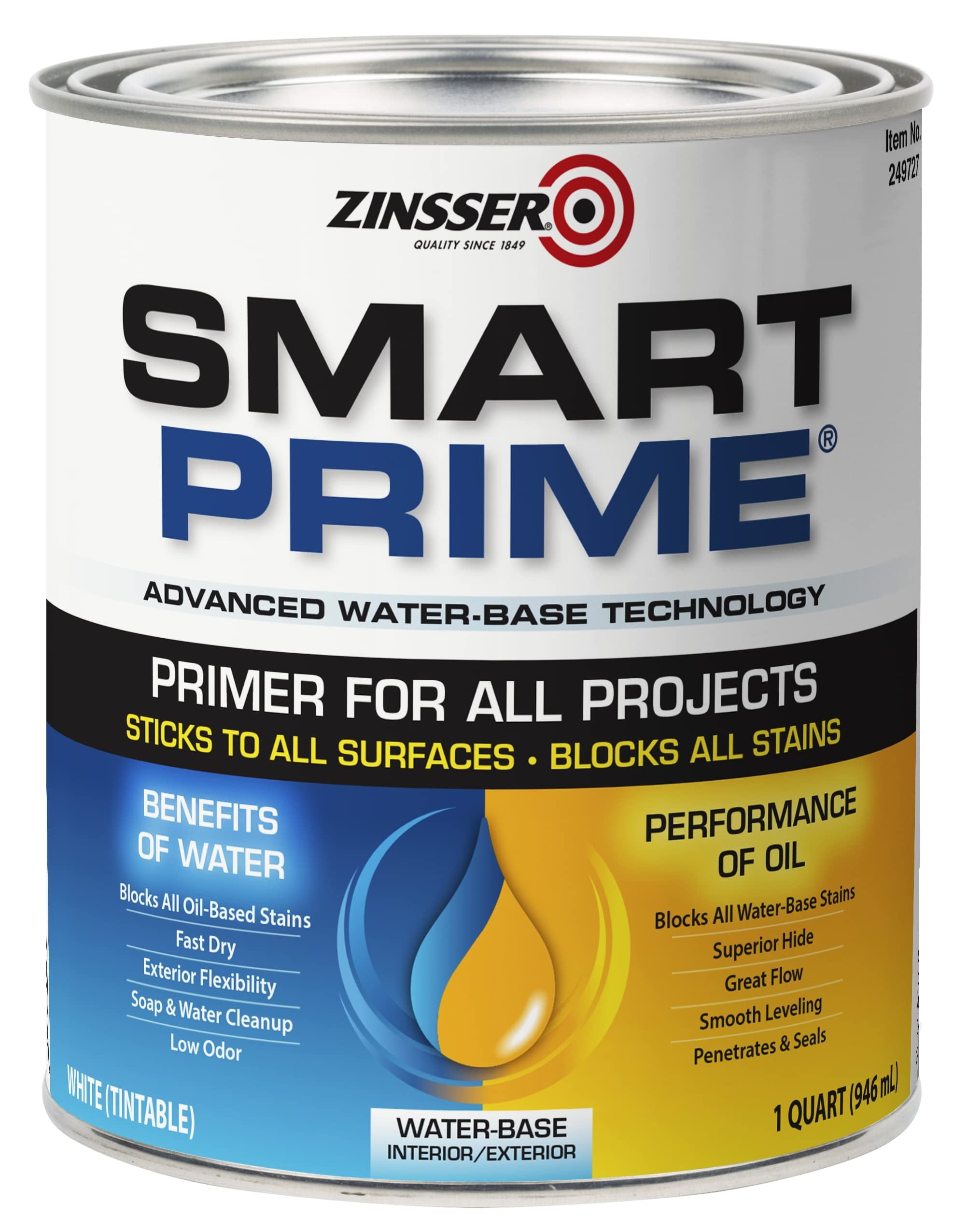Zinsser Rust-Oleum 249727 White Smart Prime Universal Water Based Primer, 1 quart Can Pack of 6