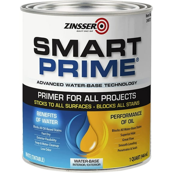 Zinsser Smart Prime Advanced Water-Based Primer, White, 1 Quart
