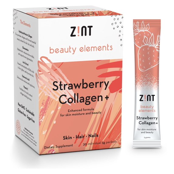 Zint Sweet Collagen Powder Beauty Drink Mix (Strawberry): Sugar-Free Collagen Peptides Drink w/ Glucosamine, Hyaluronic