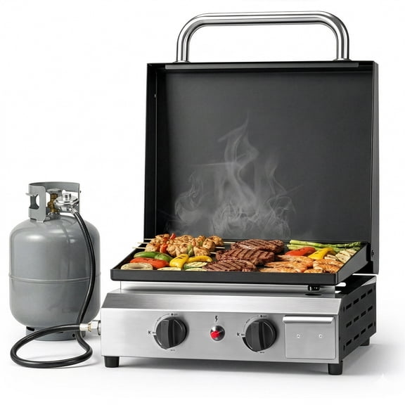 Zintown 20000 BTU Propane Griddle with Lid and Ignition,Table Top Gas Grill Camping Griddle Portable with 2 Burner