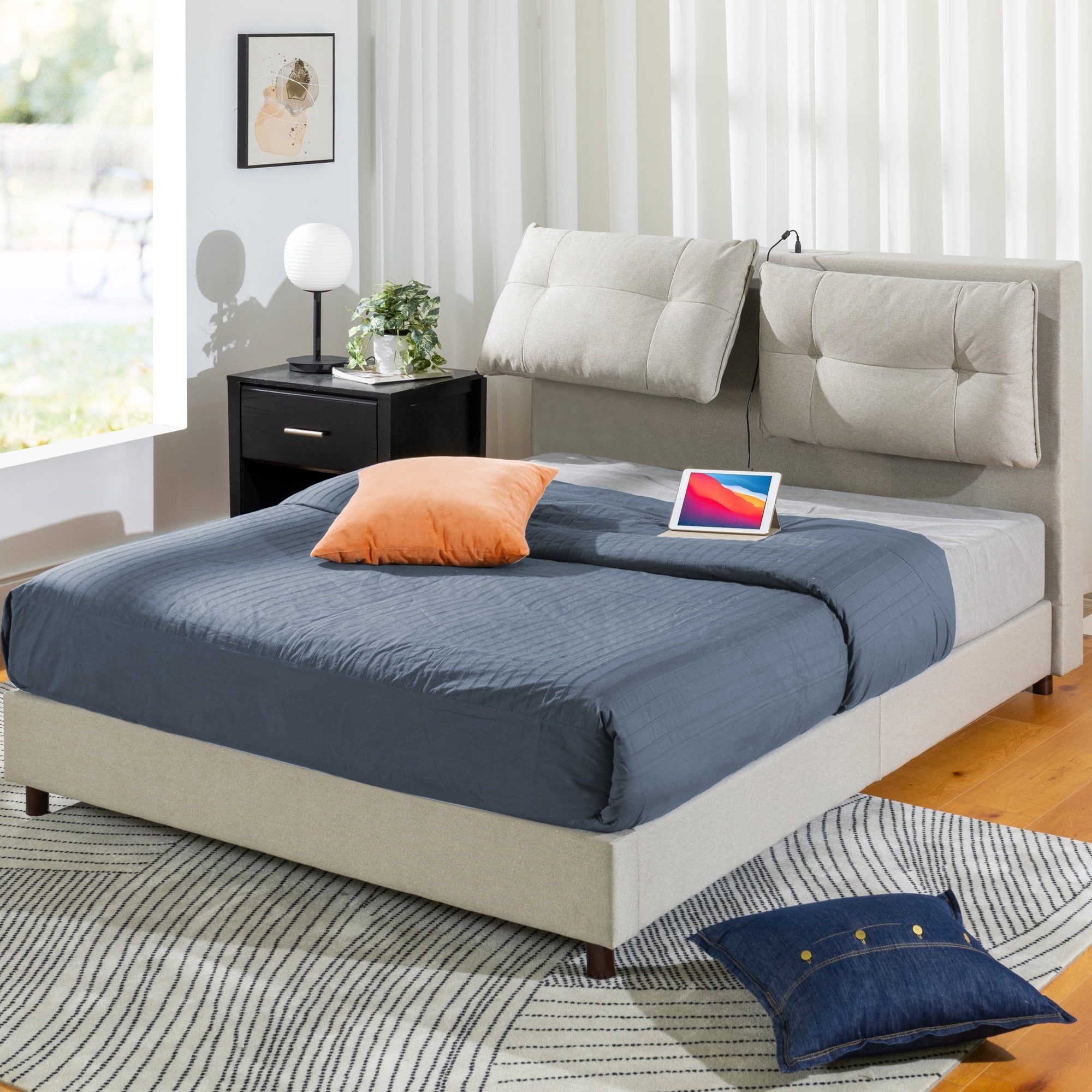 Beige King Metal Frame Platform Bed with Reclining Upholstered Headboard and USB Ports