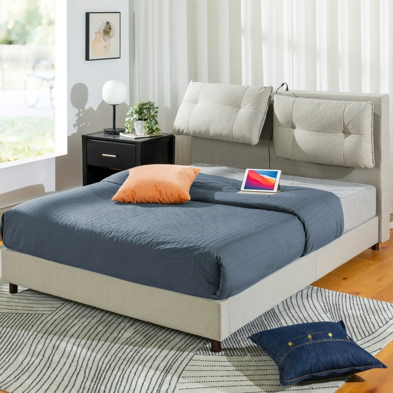 Zinus 39 Avery Platform Bed Reclining Fabric Headboard and USB Ports Beige King Walmart