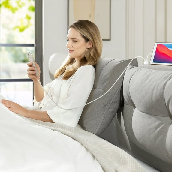 Zinus 39" Avery Platform Bed Reclining Fabric Headboard and USB Ports, Beige, Queen