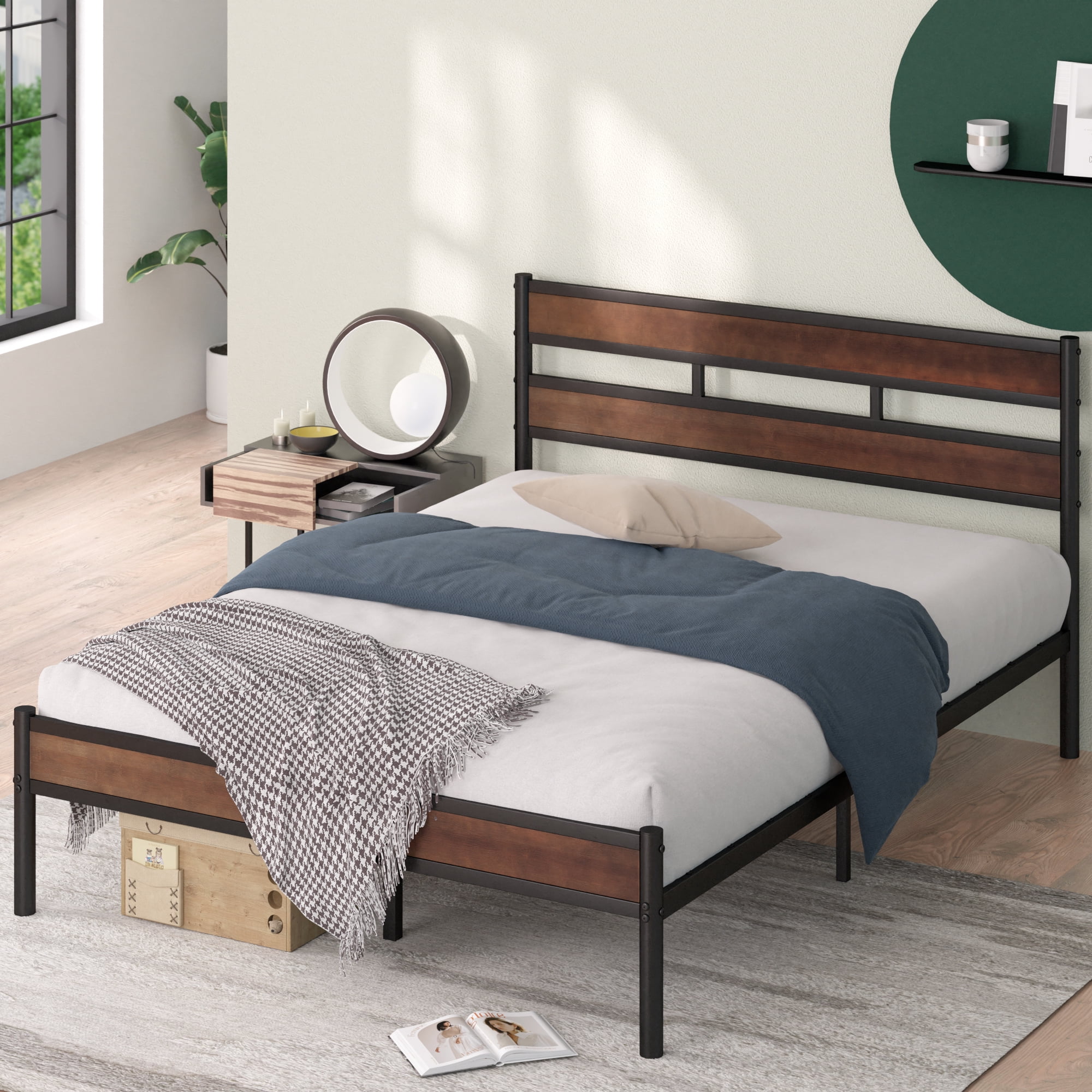 Queen Brown Bamboo and Black Metal Platform Bed Frame with Slatted Headboard