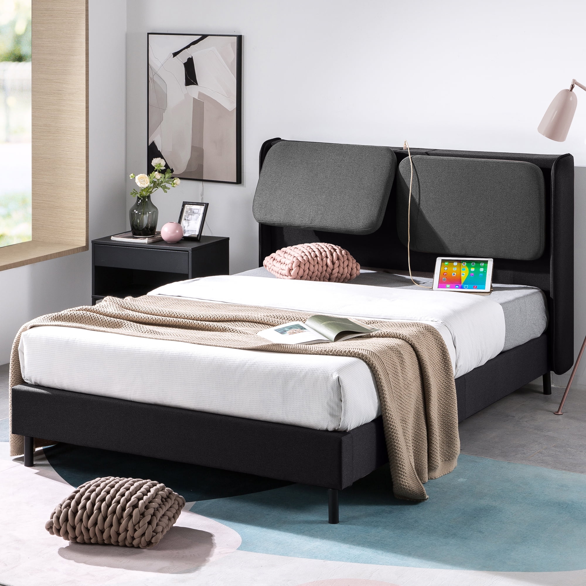 Zinus 41" Avery Platform Bed, Reclining Fabric Headboard and USB Ports, Black, Queen
