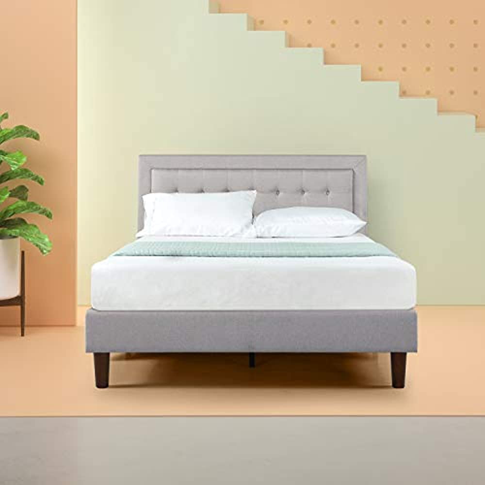 Queen Gray Upholstered Platform Bed Frame with Tufted Headboard
