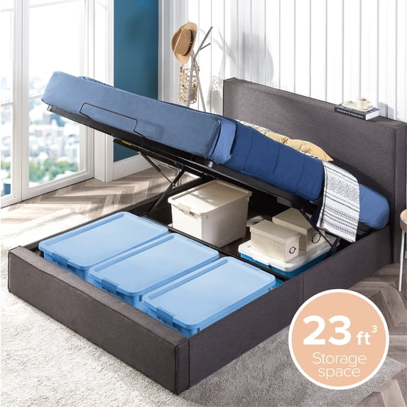 Zinus Finley 34" Upholstered Platform Bed with Lifting Storage, Queen, Gray