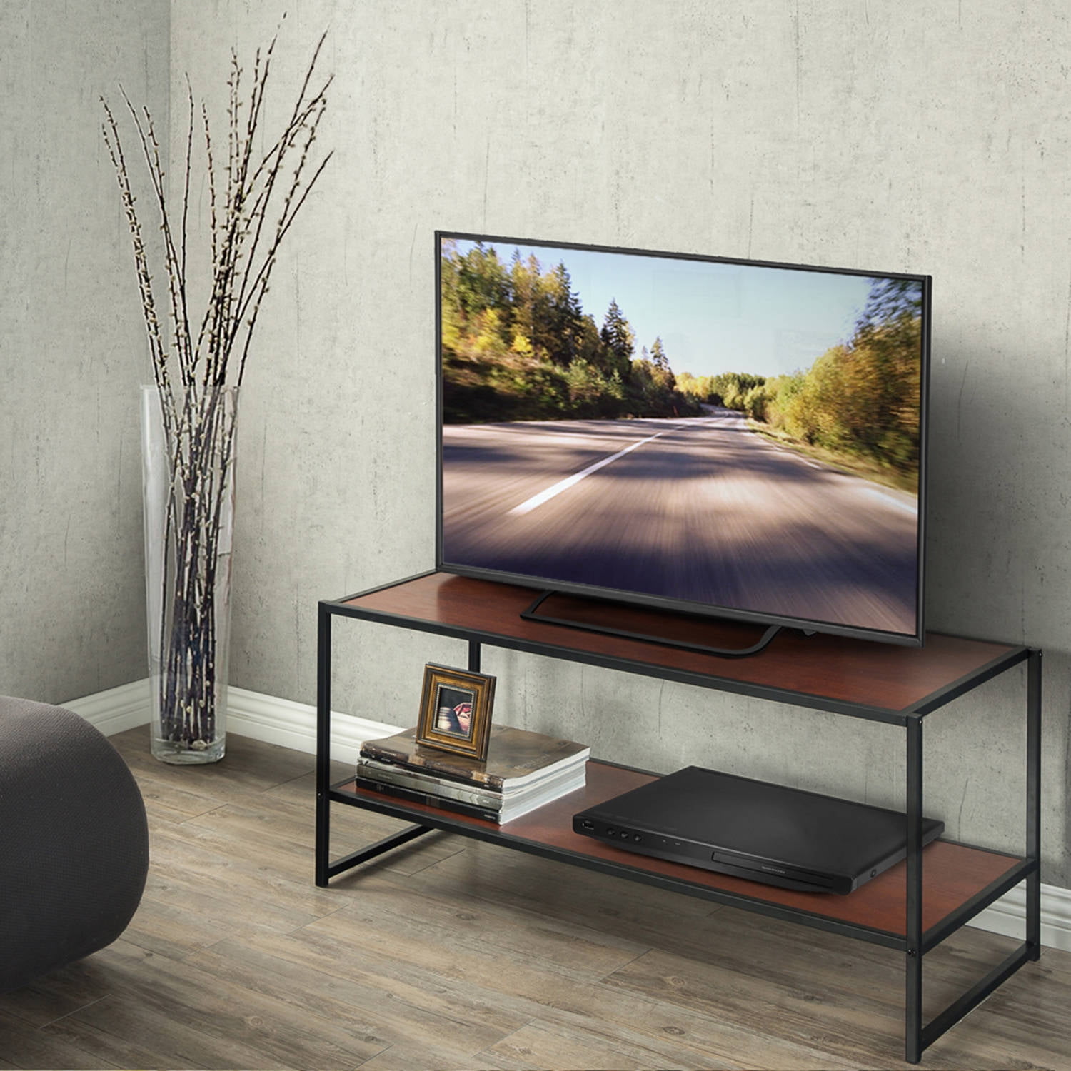 Zinus Garrison 40" Black Metal Frame Media Stand, Red Mahogany Wood Grain