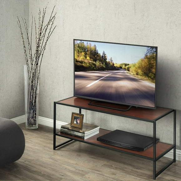 Zinus Garrison 40" Black Metal Frame Media Stand, Red Mahogany Wood Grain