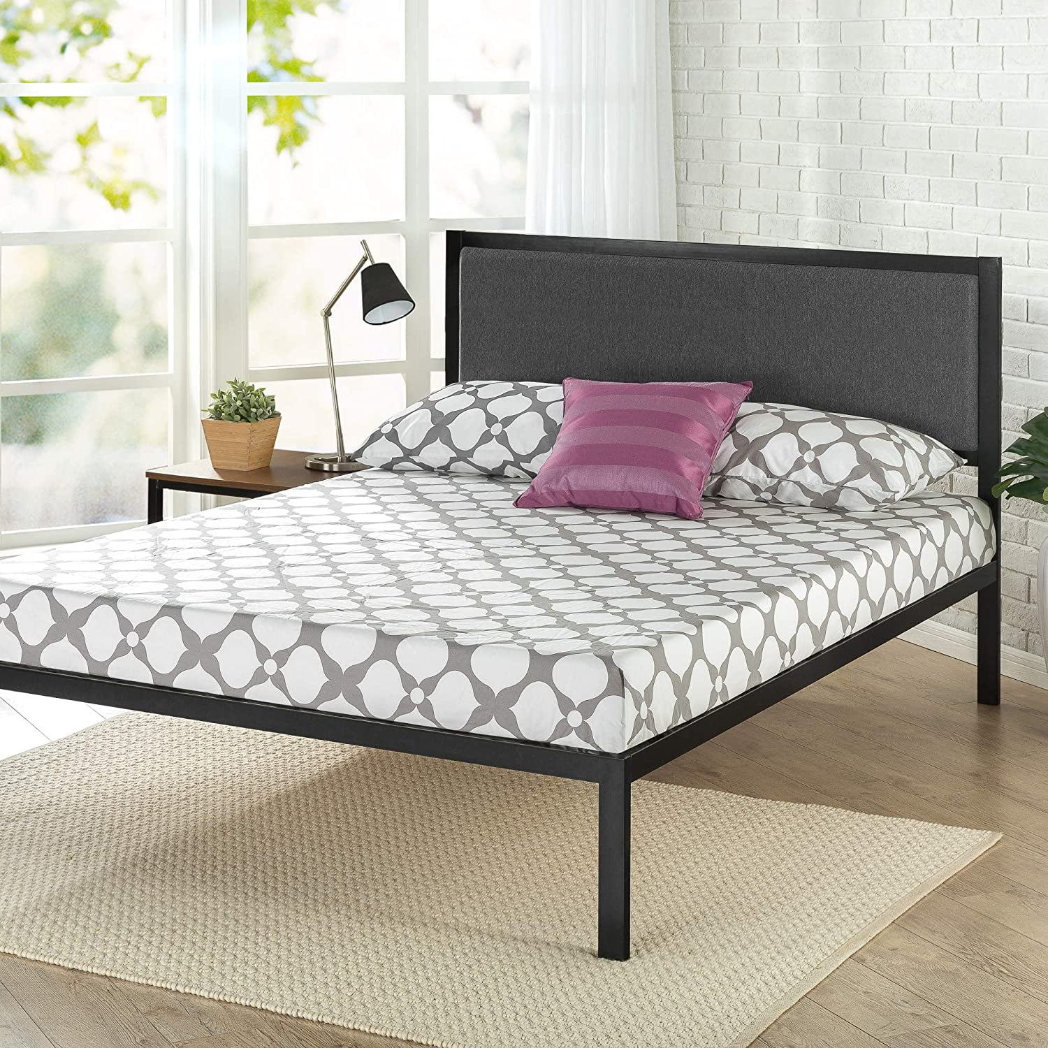 Zinus Korey 14 Inch Platform Metal Bed Frame with Upholstered Headboard Mattress Foundation Wood Slat Support Full