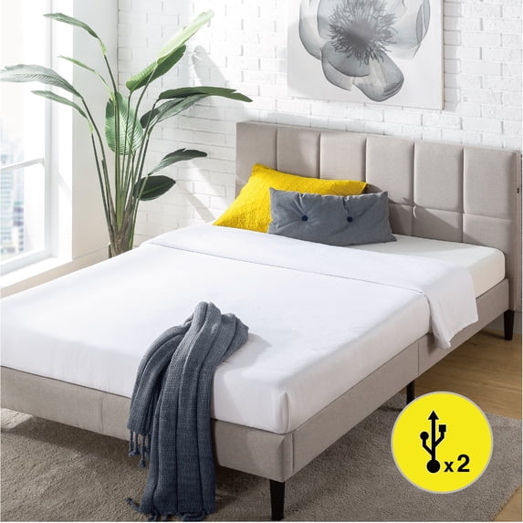 Zinus Lottie 35" Upholstered Platform Bed Frame with USB Ports, Beige, Full