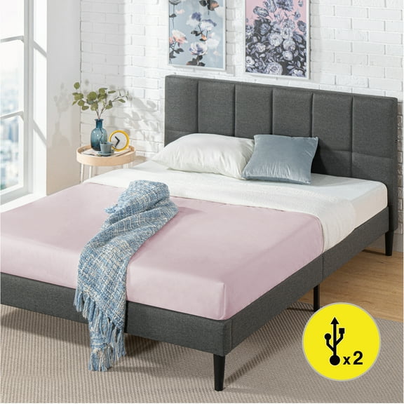 Zinus Lottie 35" Upholstered Platform Bed Frame with USB Ports, Grey, Full