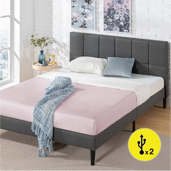Zinus Lottie 35" Upholstered Platform Bed Frame with USB Ports, Grey, King