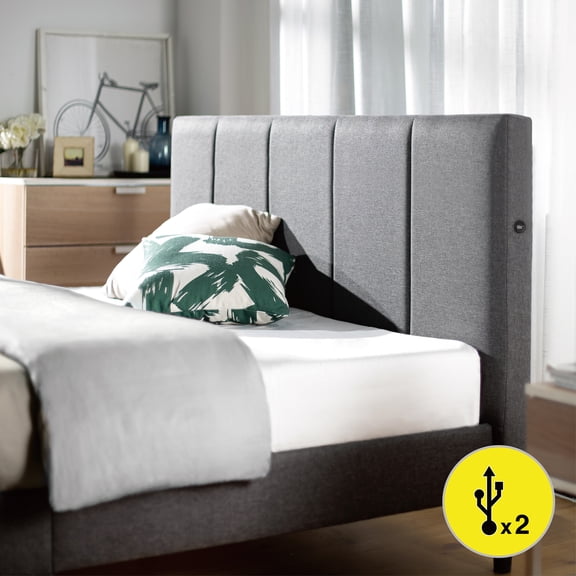 Zinus Maddon 35" Upholstered Platform Bed with USB Ports, Grey, King