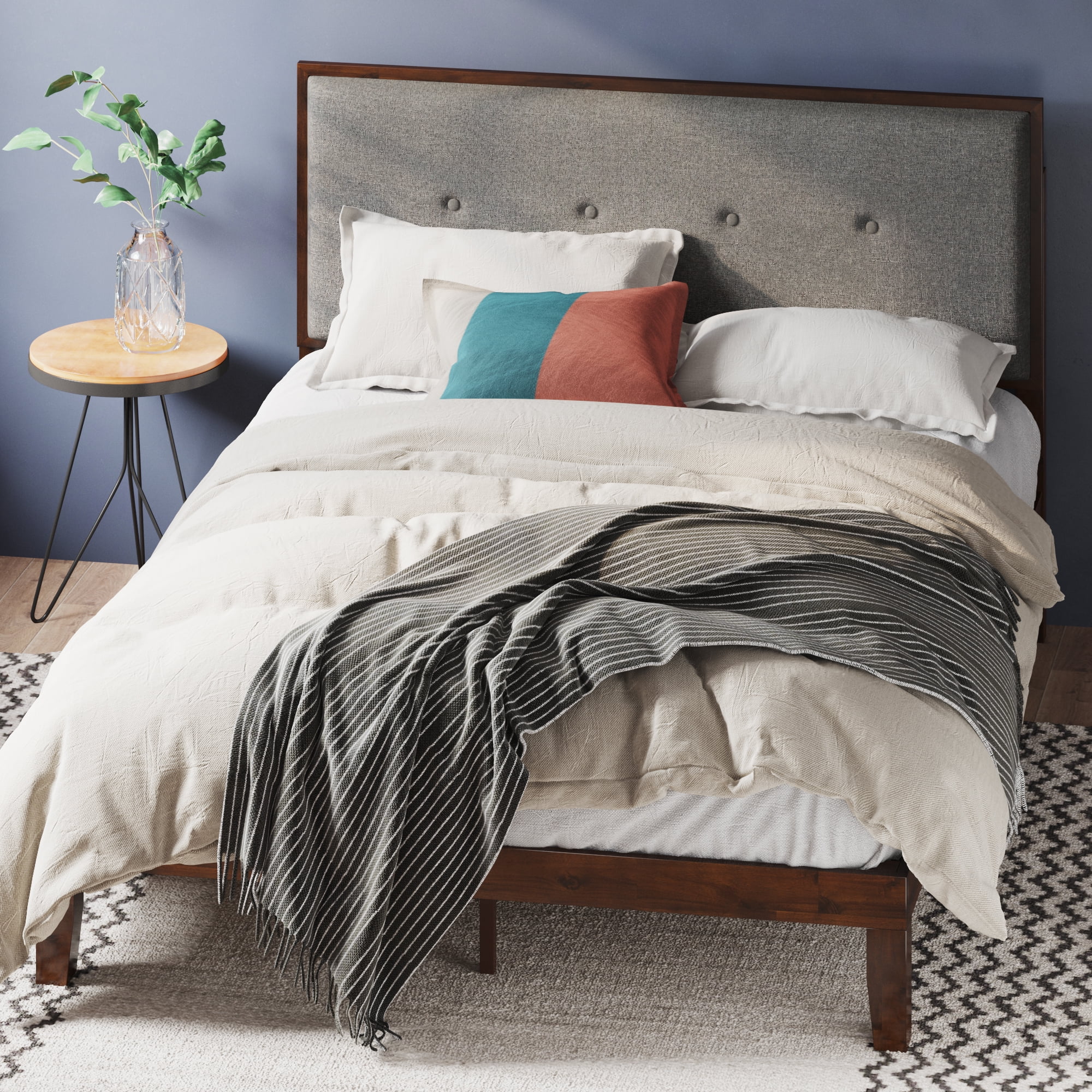 Moiz Queen Brown Wood Platform Bed Frame with Gray Upholstered Headboard
