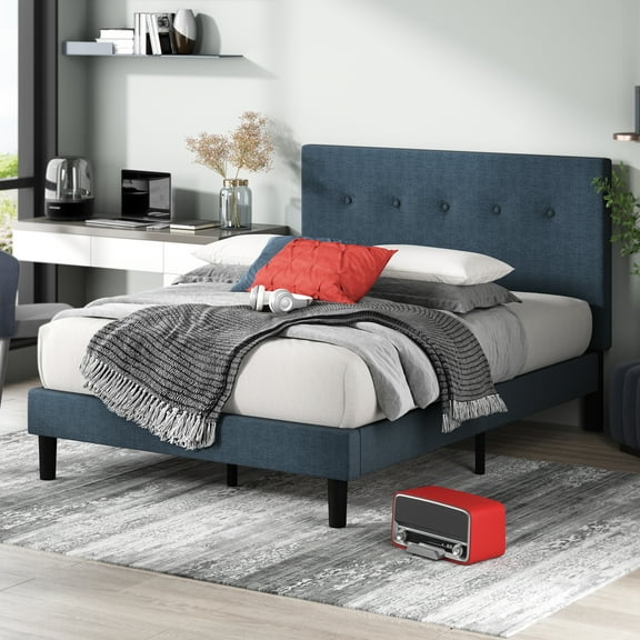 Zinus Omkaram 47" Upholstered Navy Platform Bed, Queen