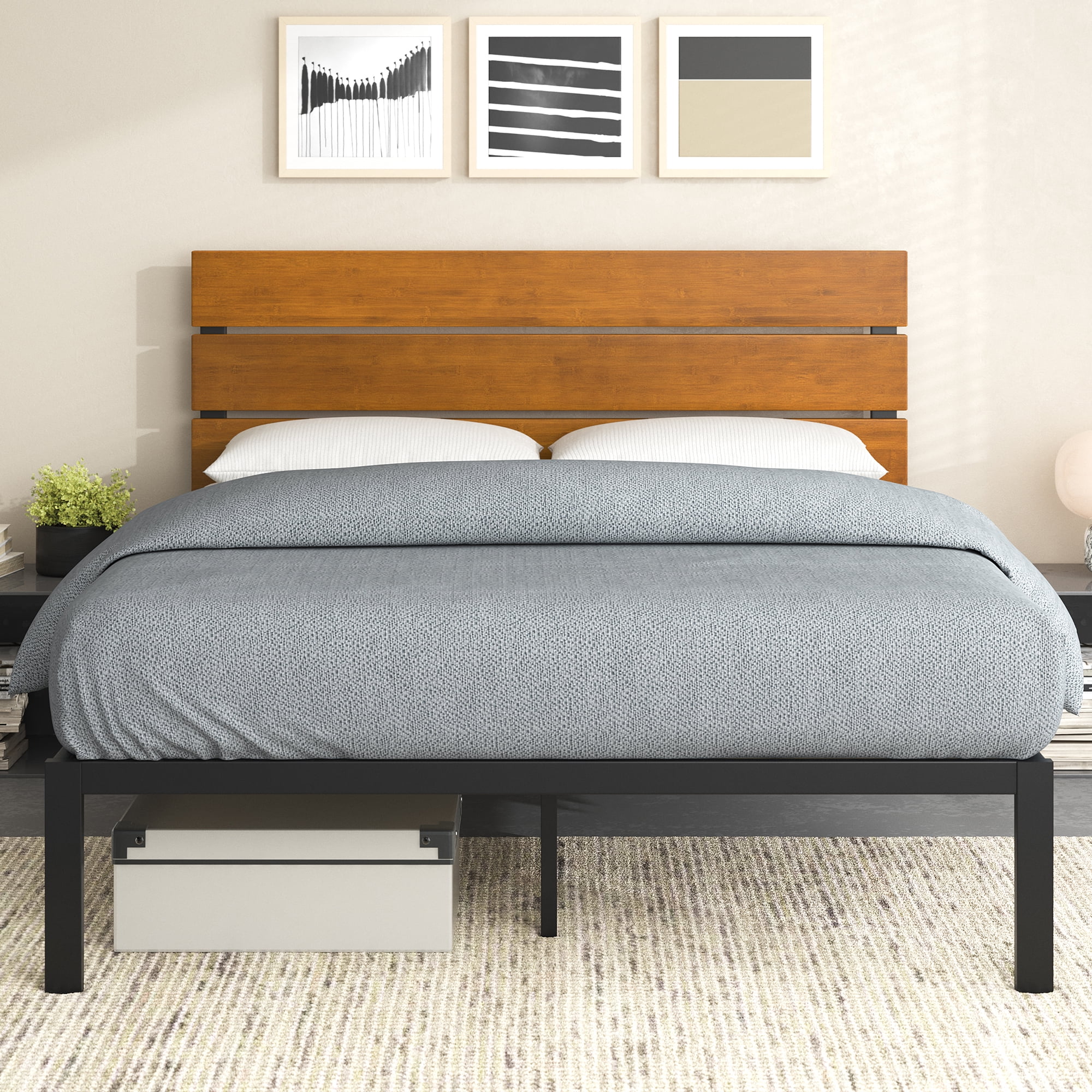 King Black Metal and Bamboo Wood Platform Bed with Slats and Drawer