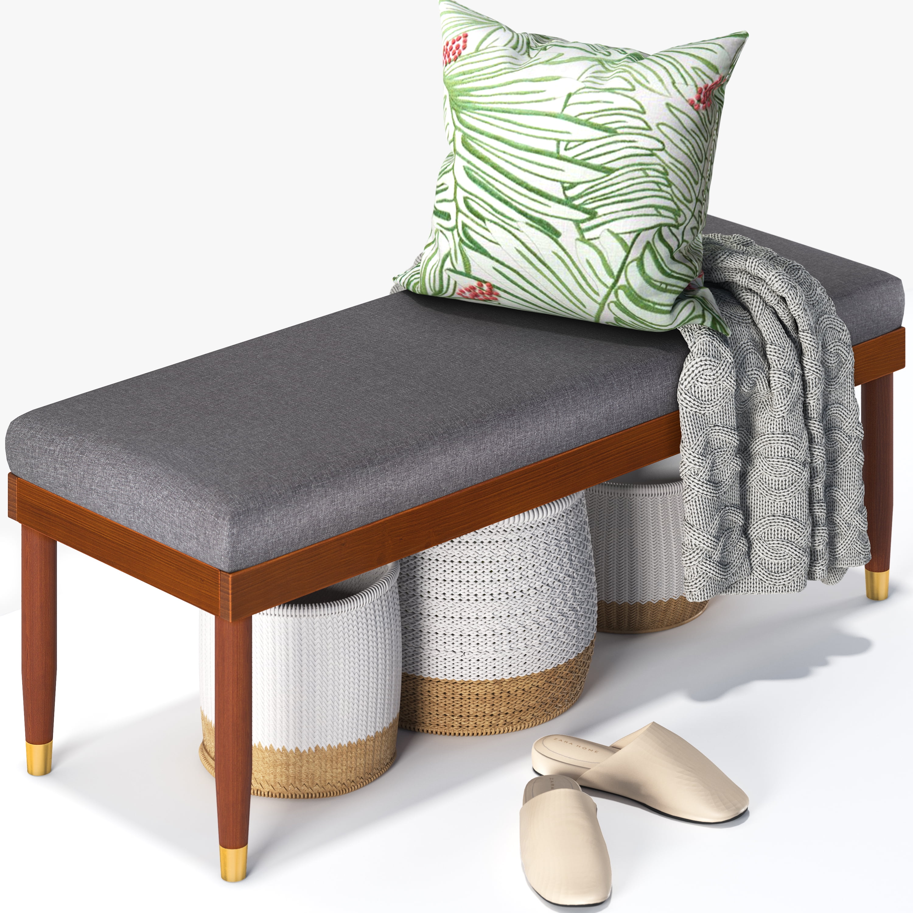 Raymond Mid-Century 48" Grey Upholstered Bench with Brass-Tipped Legs