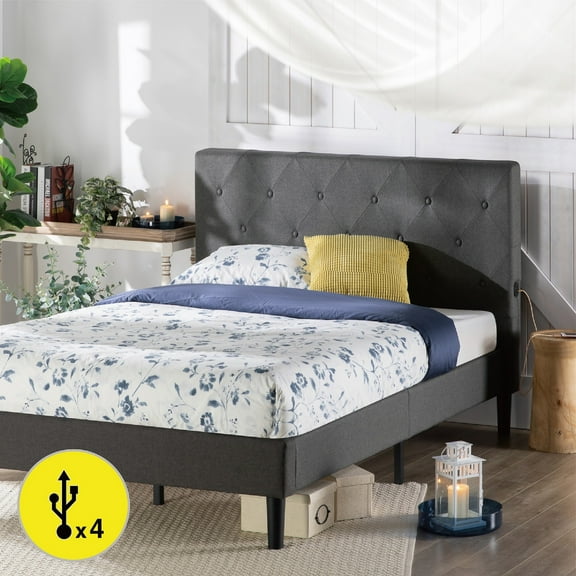 Zinus Shalini 40" Upholstered Platform Bed Frame with USB Ports, King