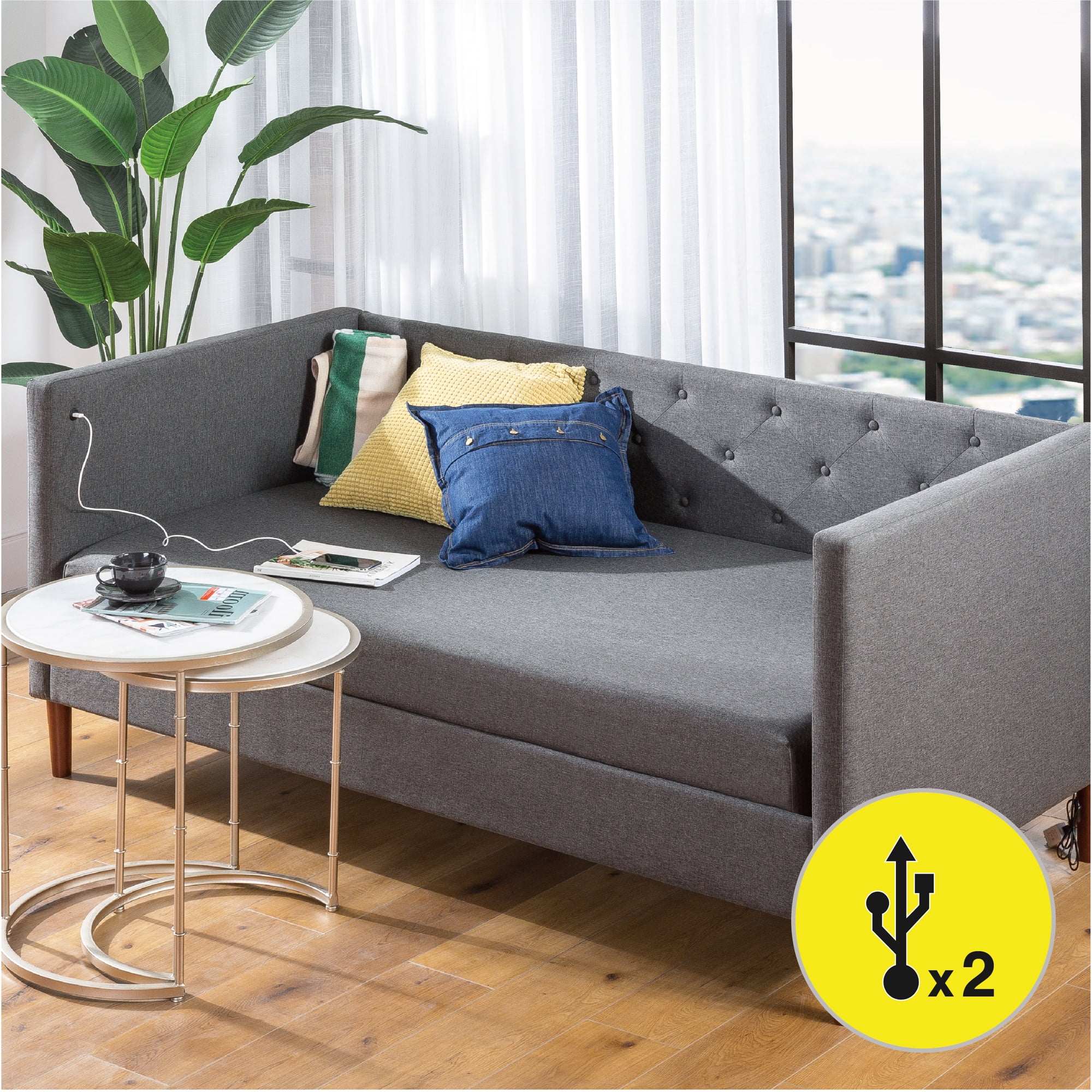 Zinus Shalini Twin Upholstered Indoor Daybed with USB Ports, Dark Gray