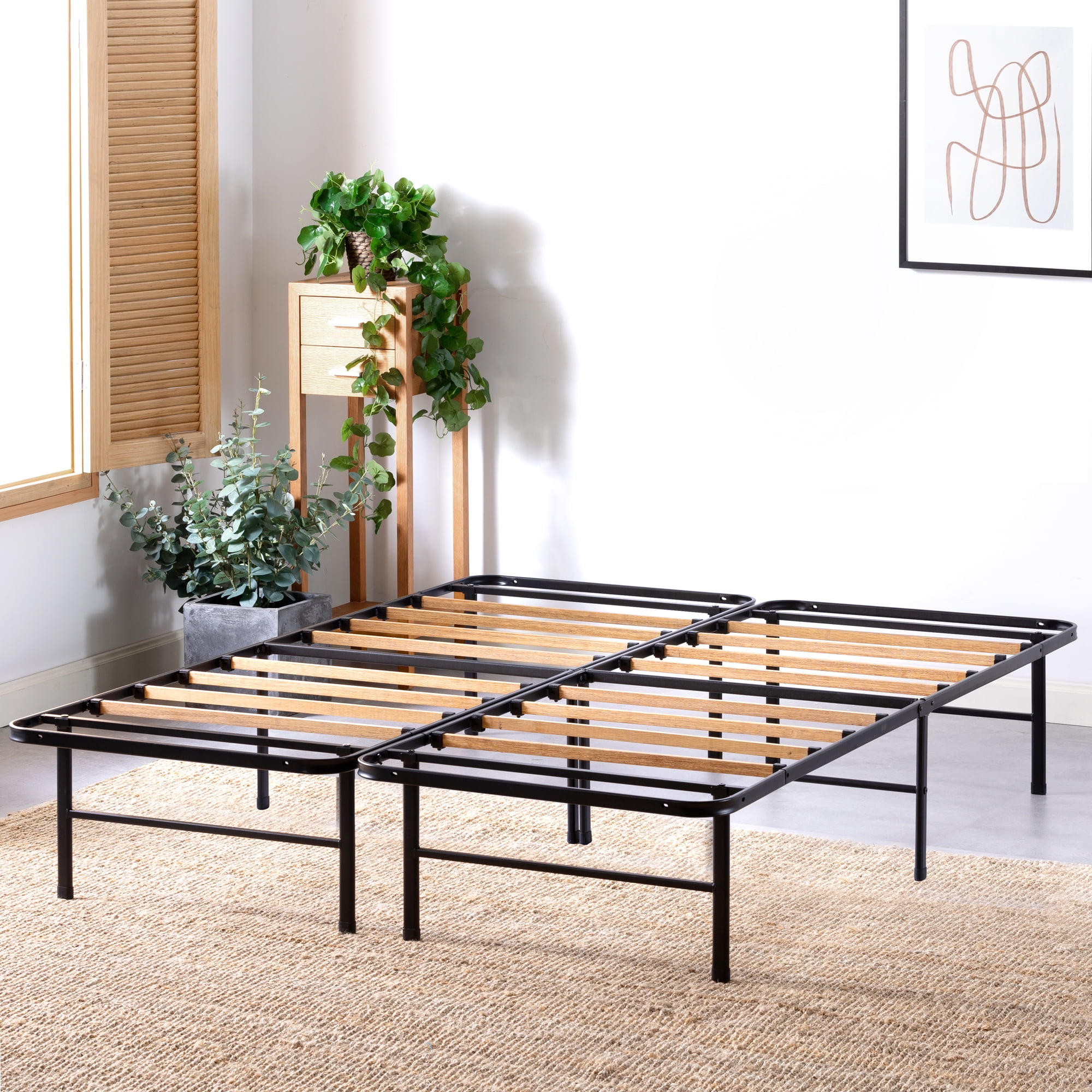 Queen Black Steel Bed Frame with Bamboo Slats