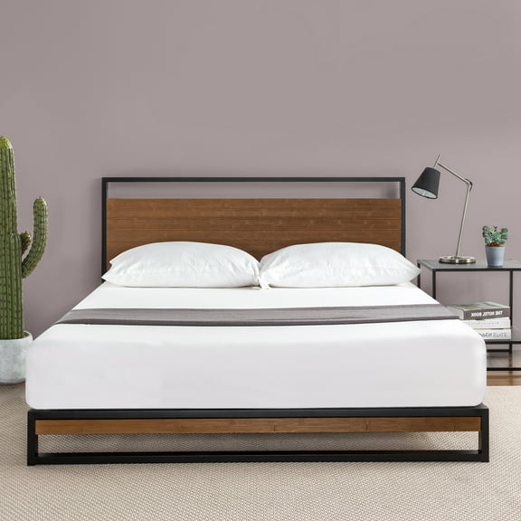 Zinus Suzanne 37" Metal and Wood Platform Bed with Headboard, Chestnut Brown, Queen
