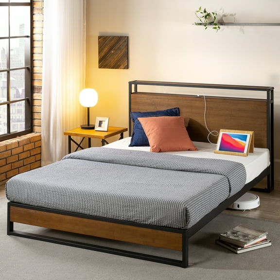 Zinus Suzanne 39" Bamboo and Metal Platform Bed Frame with Shelf and USB Ports, Adult, Twin