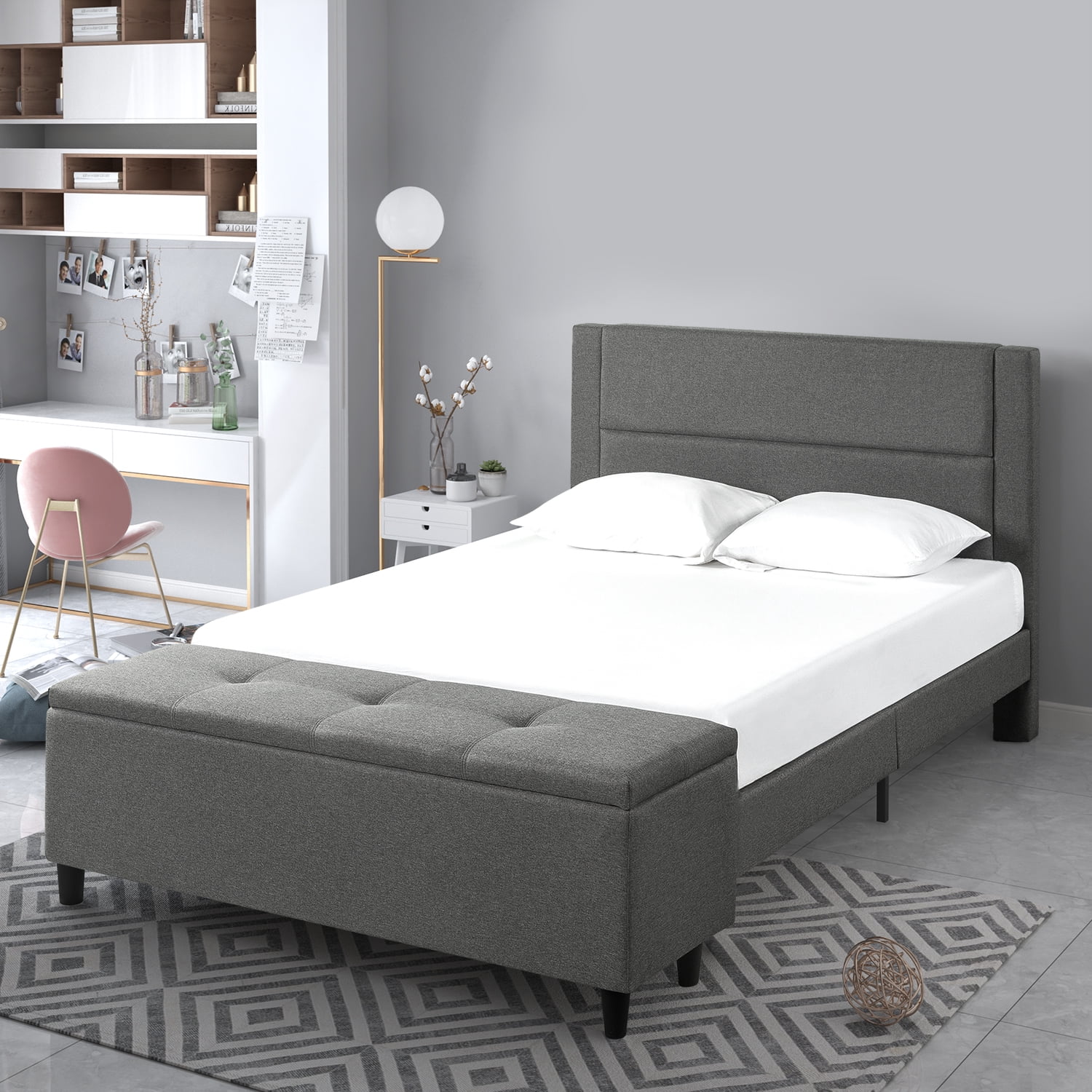 Zinus Wanda 48” Upholstered Platform Bed with Storage Bench, King