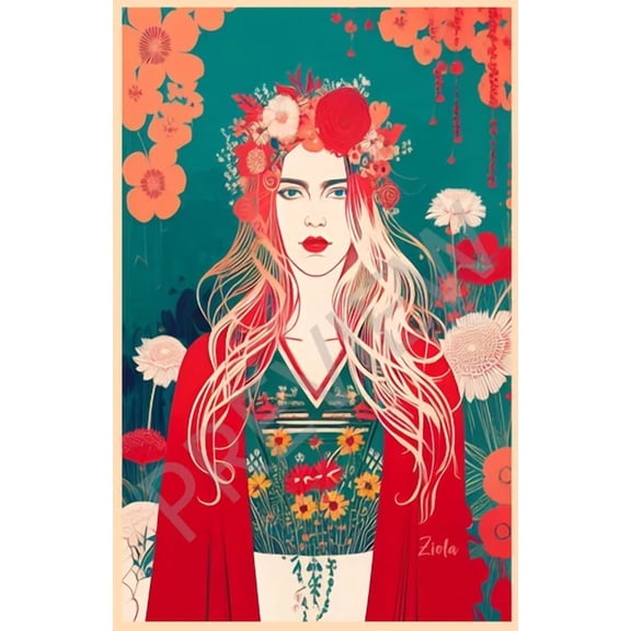 Ziola Rosa Vintage Art Deco Hippie Girl Flower Child Floral Art Botanical Print