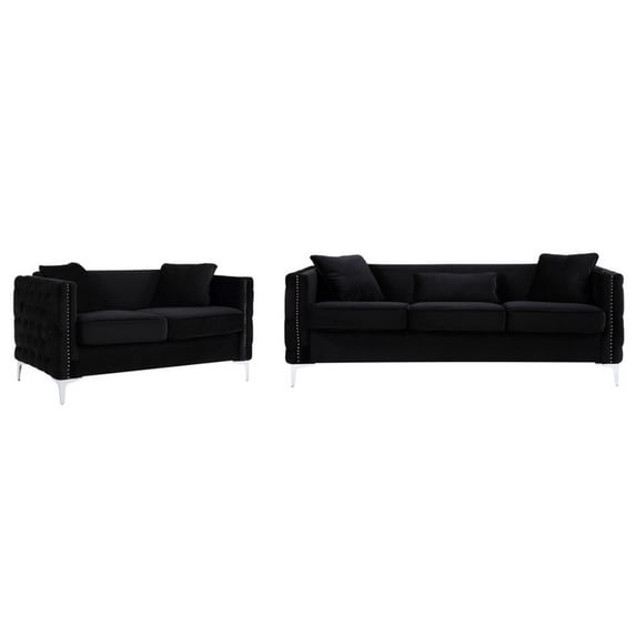 Zion 2 Piece Sofa and Loveseat Set, Deep Button Tufted, Jet Black Velvet- Saltoro Sherpi