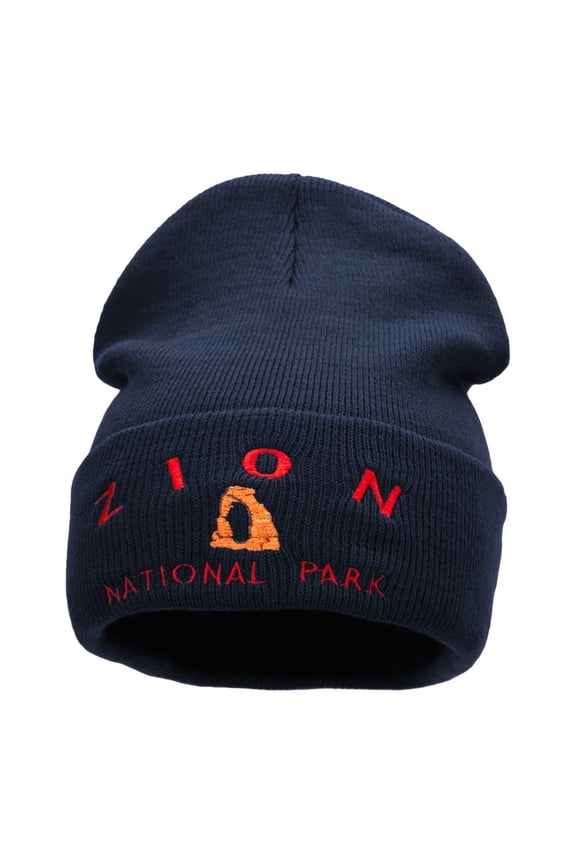 Zion Embroidered Long Knitted Beanie - Navy OSFM