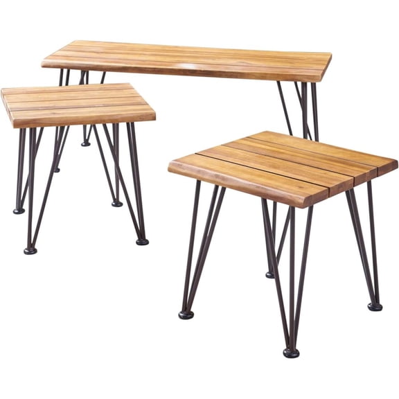 Zion Industrial Acacia Wood & Rustic Iron Table Set, 1 Coffee Table + 2 Square Accent Side Tables, Teak Finish Distressed Farmhouse Living Room Furniture Set
